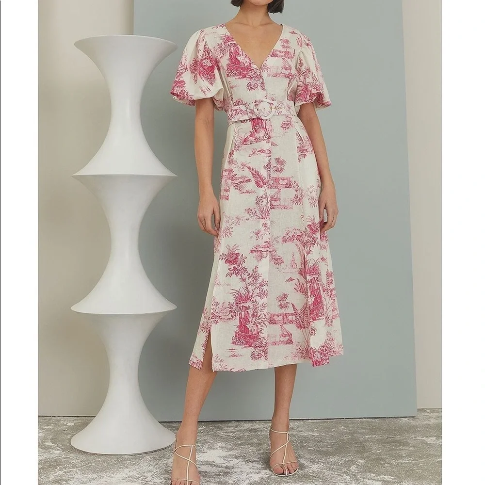 Nicholas Troy Pink Toile French Pattern Midi Dress - Picture 3 of 13